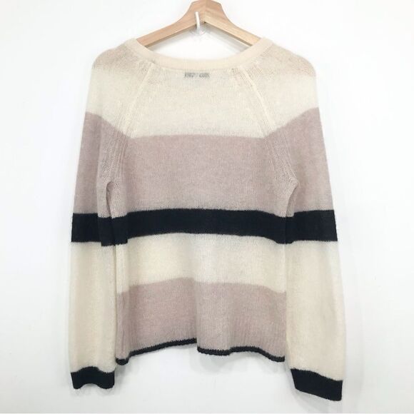 White + Warren Black Blush Cream 100% Cashmere Lightweight Striped Sweater - Picture 7 of 14